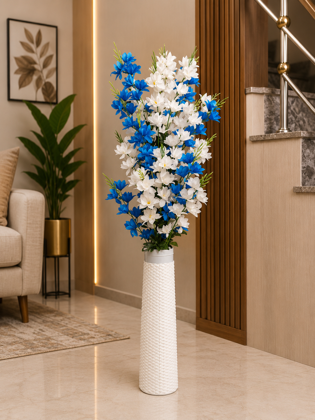 Artificial Blue & White Flower Plant with Tall Decorative Vase | Faux Floral Floor Plant for Home & Office Décor CH 0102