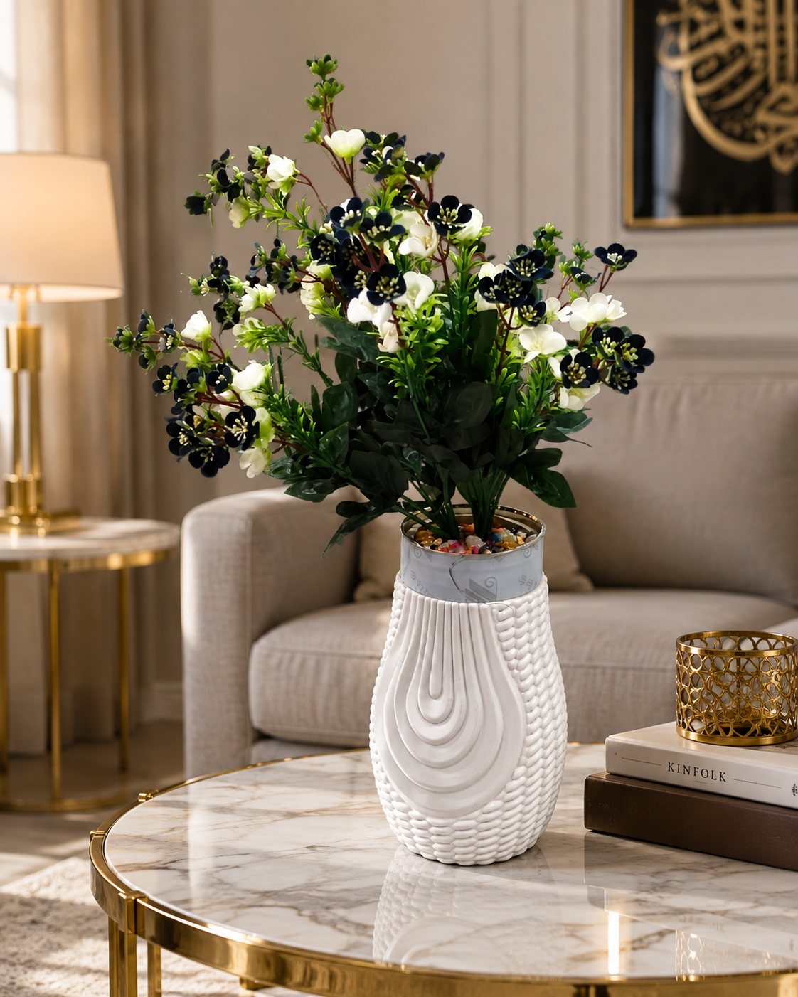 Elegant Artificial Flower Vase with White & Black Blossoms CH 00105
