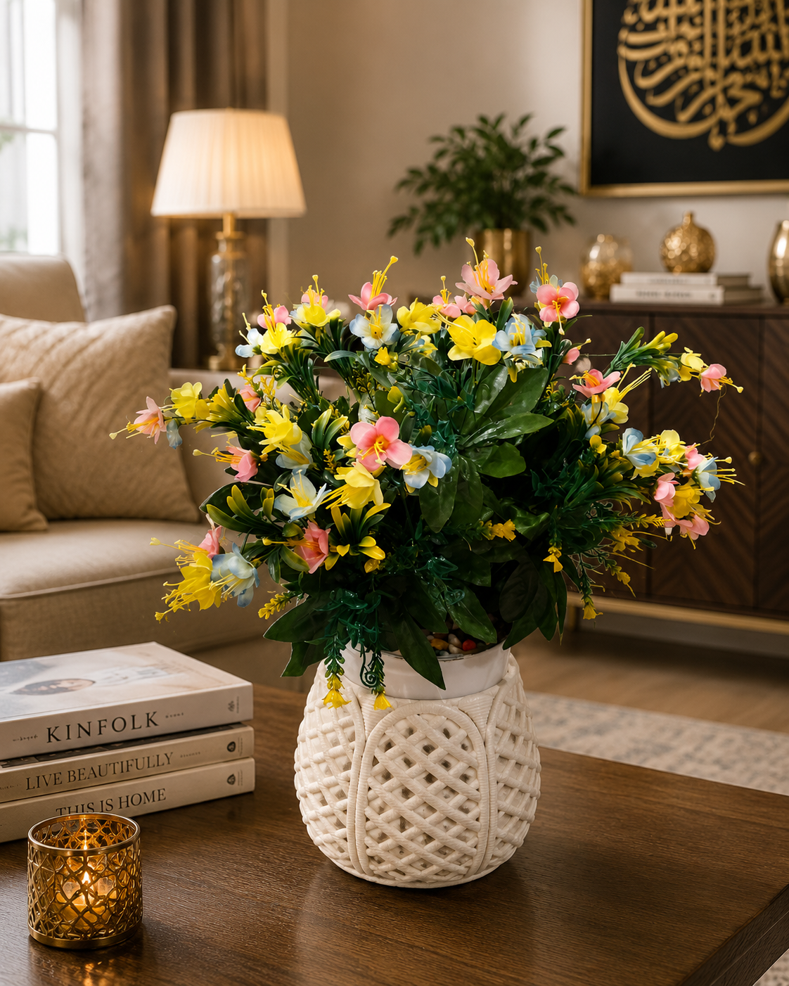Colorful Artificial Flower Arrangement with Decorative White Vase CH00106