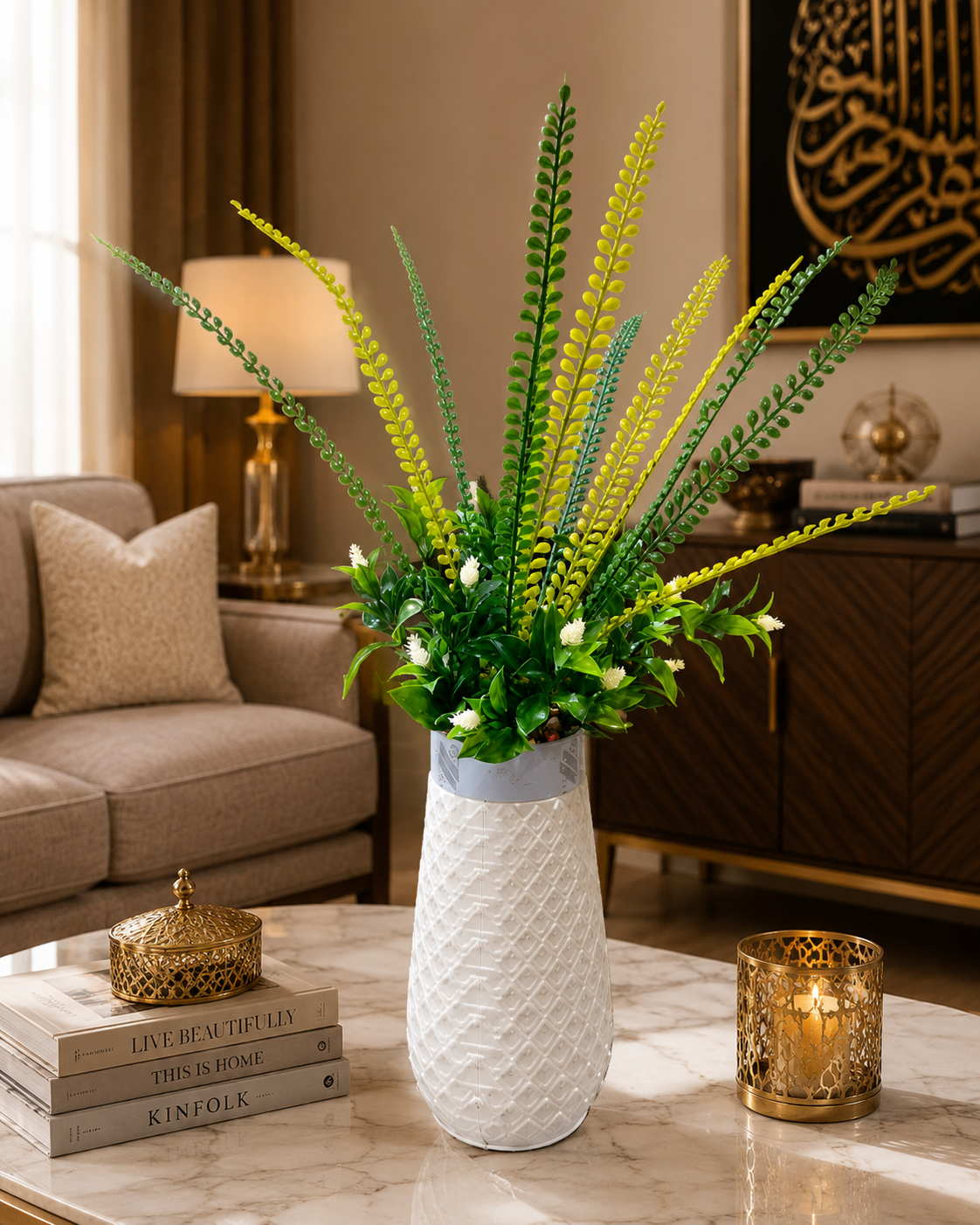 Elegant Artificial Green Plant Arrangement with White Decorative Vase CH00107
