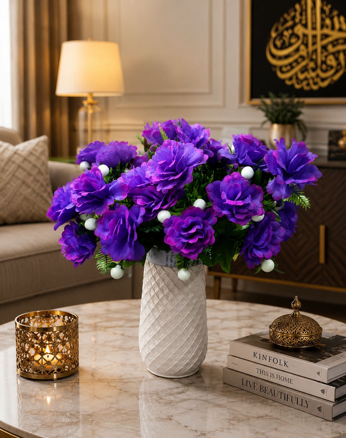 Purple Artificial Flower Bouquet with White Decorative Vase CH00108