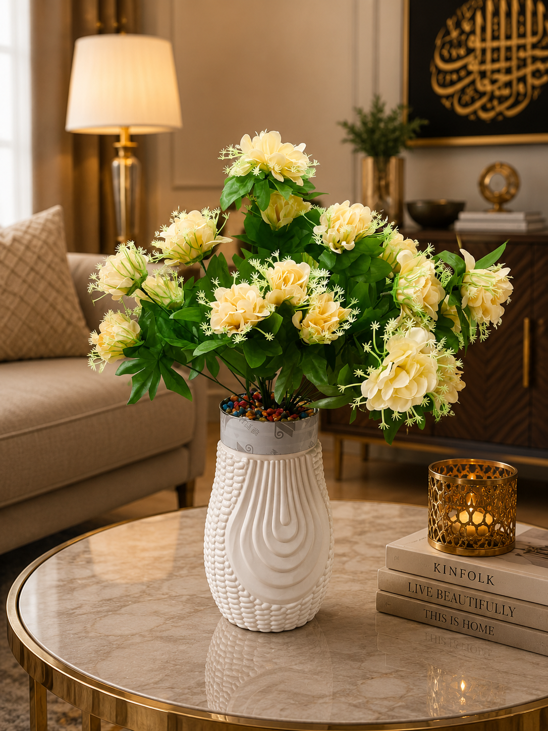 Cream & Yellow Artificial Flower Arrangement with Textured White Vase CH00109