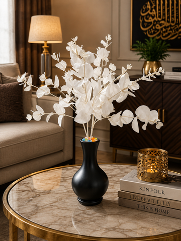 White Artificial Eucalyptus Branches with Black Decorative Vase CH 00110