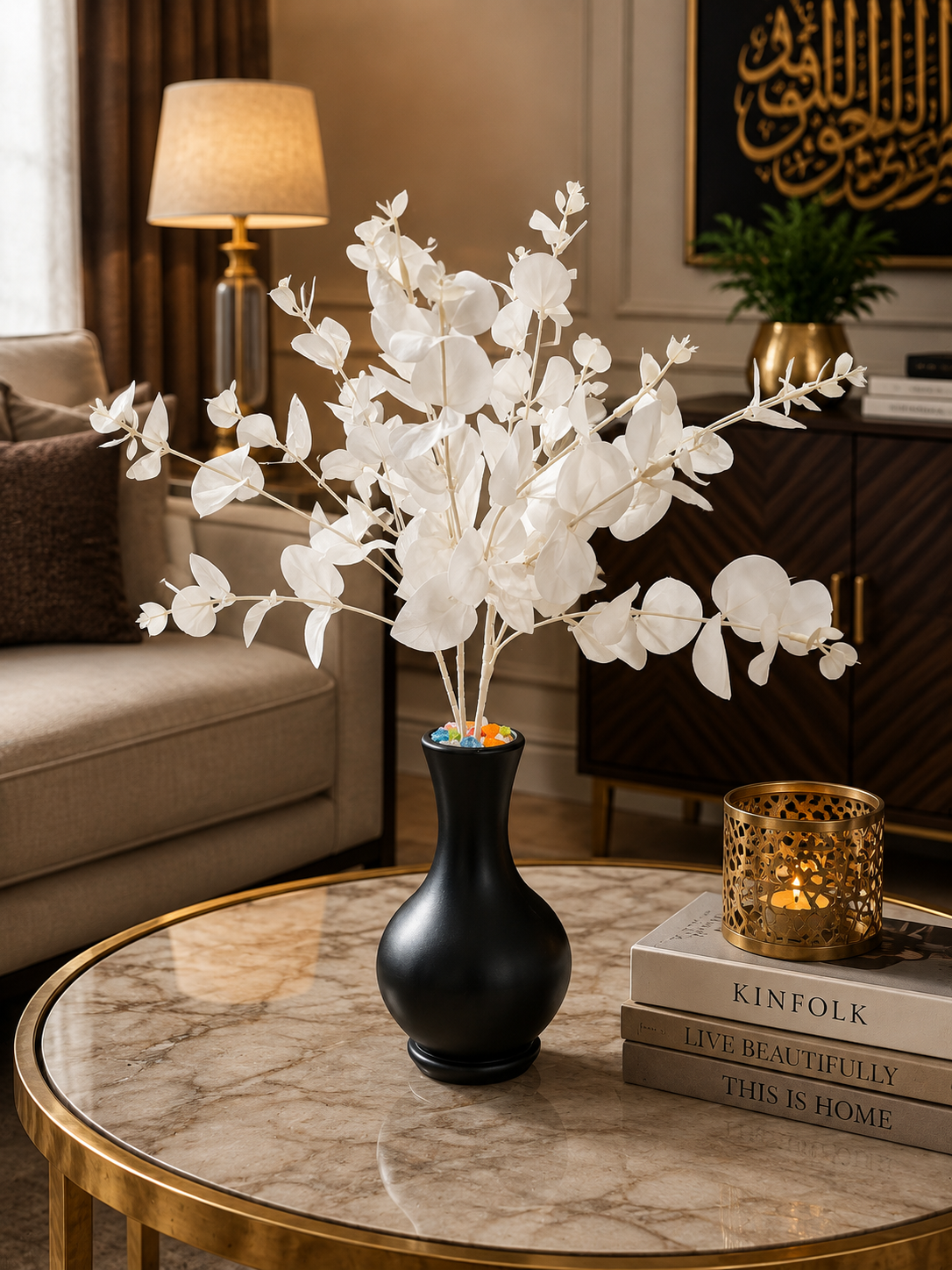 White Artificial Eucalyptus Branches with Black Decorative Vase CH 00110