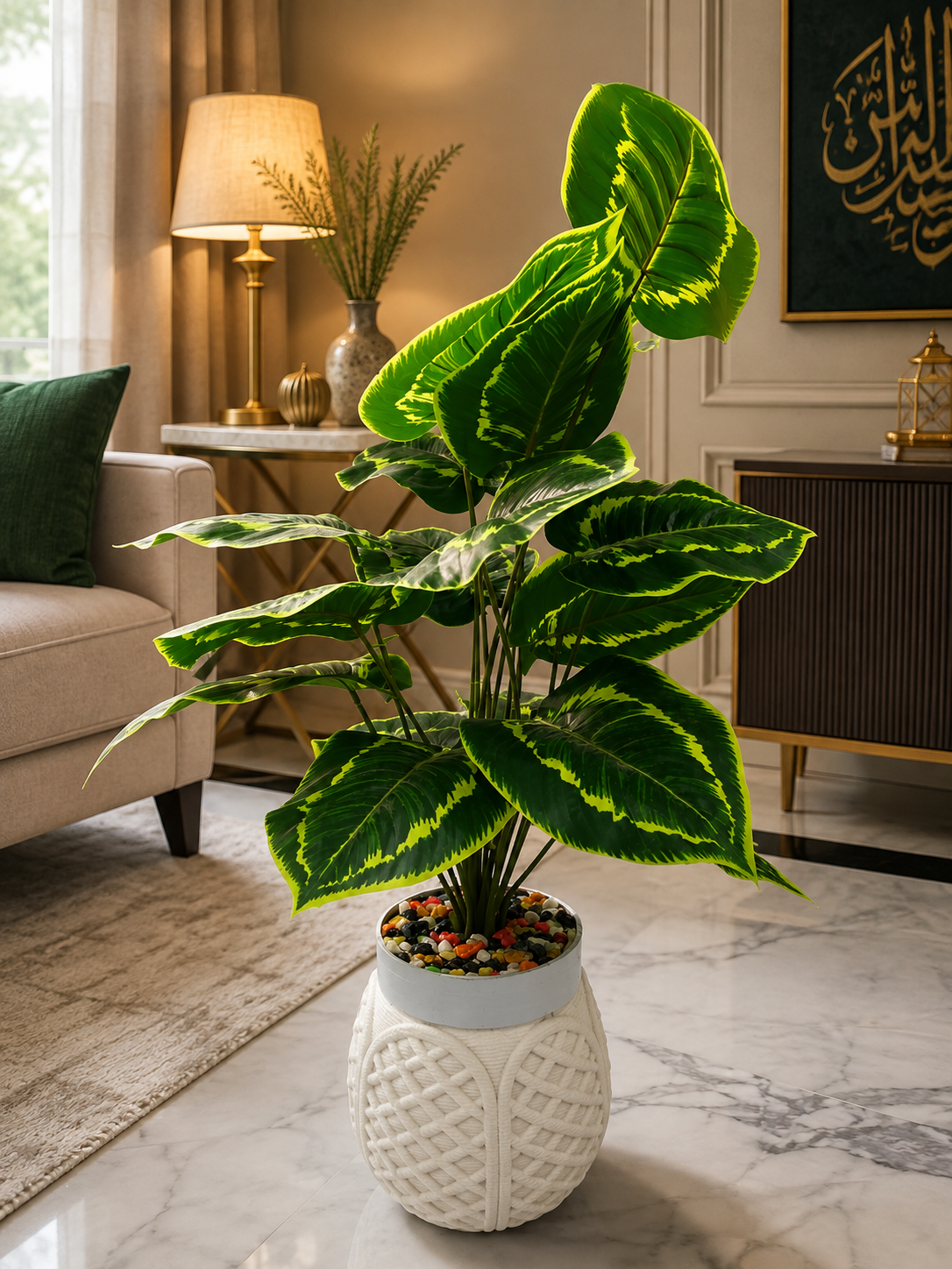 Artificial Green Leaf Plant with Decorative White Vase CH00111