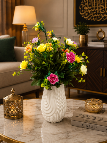 Multicolor Artificial Flower Arrangement with Textured White Vase CH00112