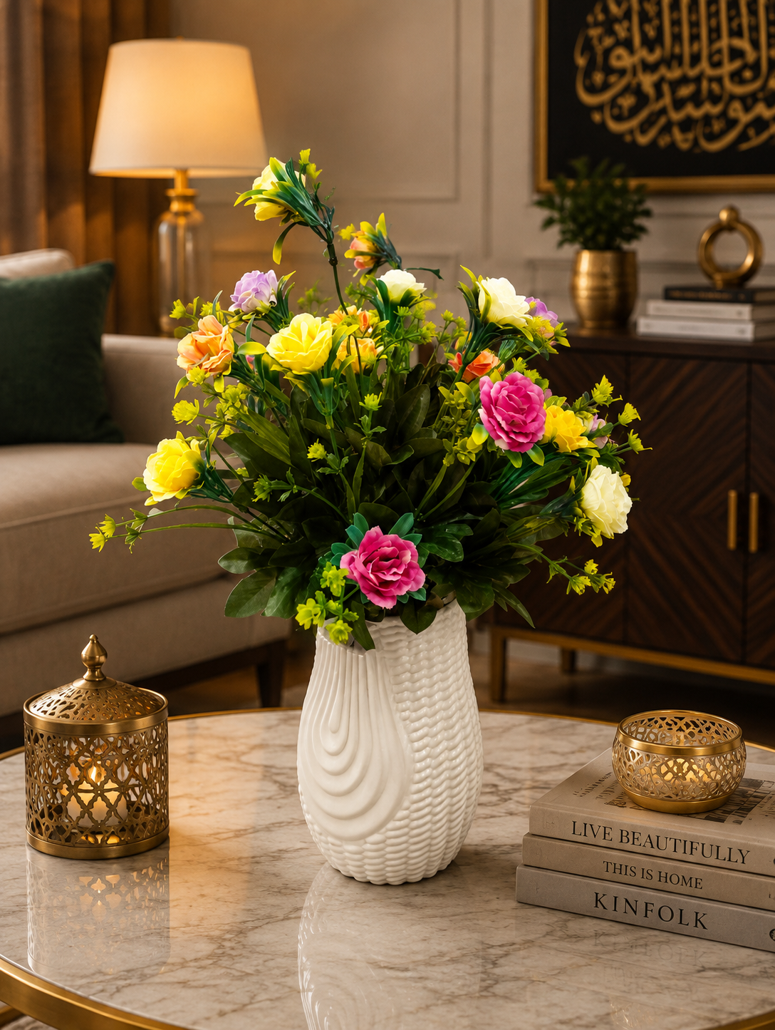 Multicolor Artificial Flower Arrangement with Textured White Vase CH00112