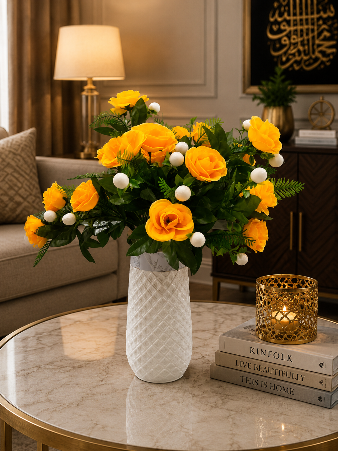 Yellow Artificial Rose Flower Arrangement with White Decorative Vase CH00113