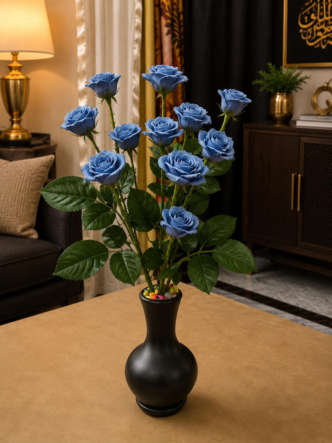 Blue Artificial Rose Flower Arrangement with Black Decorative Vase CH00114