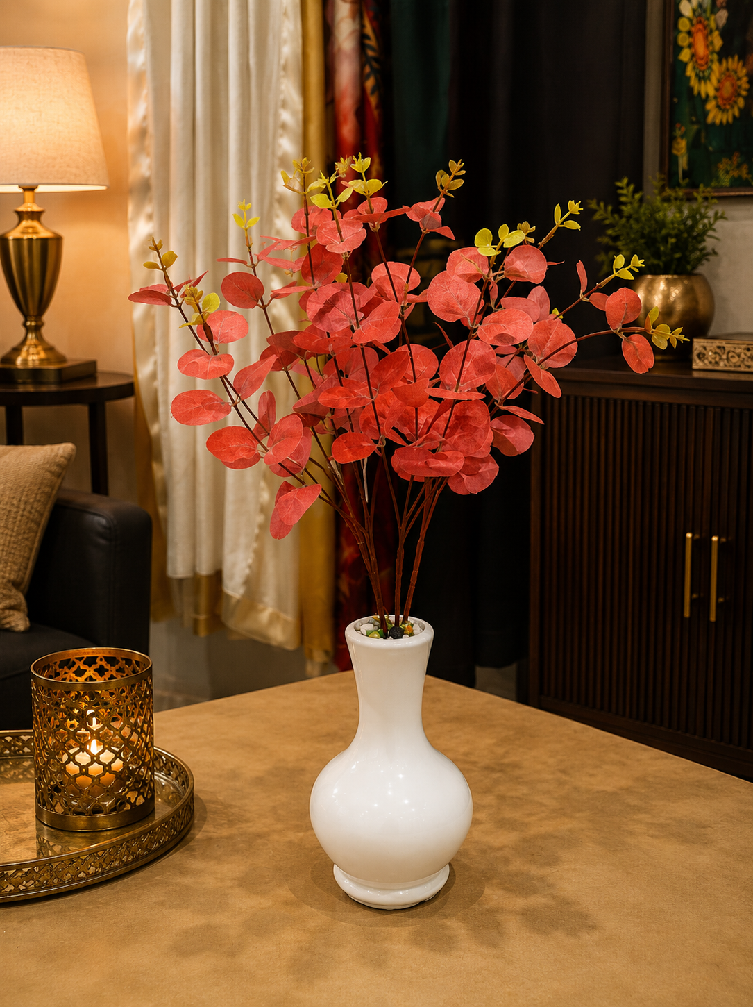 Red Artificial Eucalyptus Leaves with White Decorative Vase CH00115