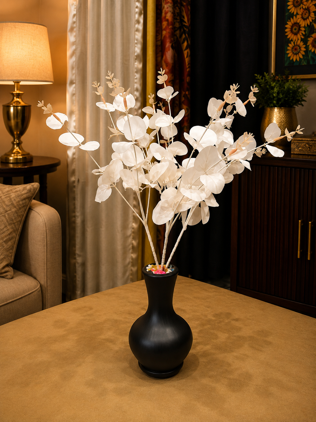 White Artificial Eucalyptus Plant with Black Decorative Vase CH00117