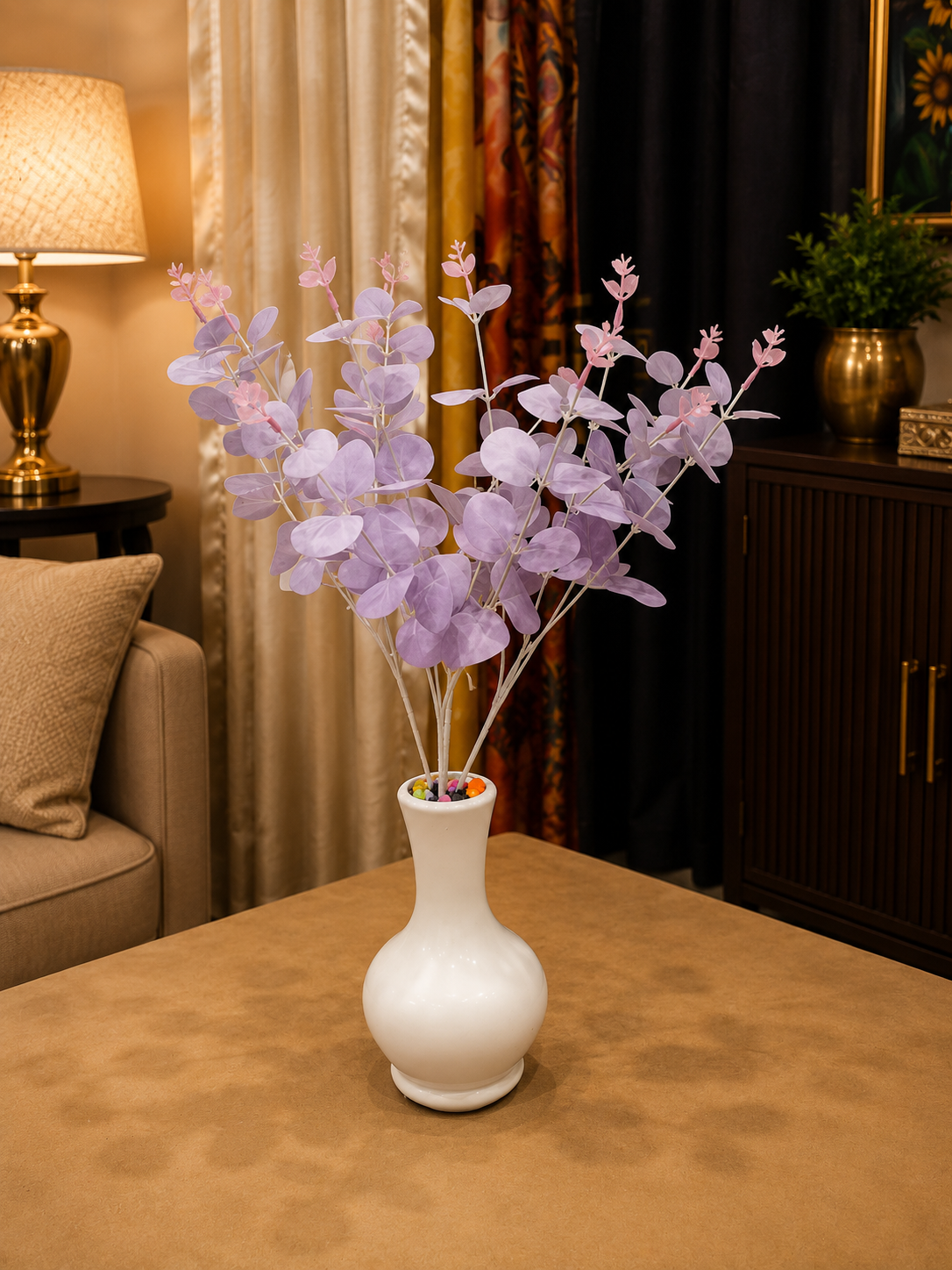 Lavender Artificial Eucalyptus Plant with White Decorative Vase CH00118