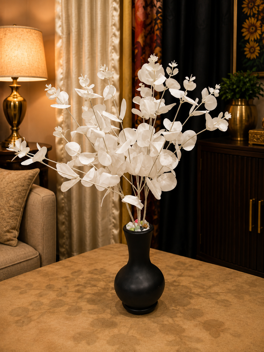 White Artificial Eucalyptus Plant with Black Decorative Vase CH00119