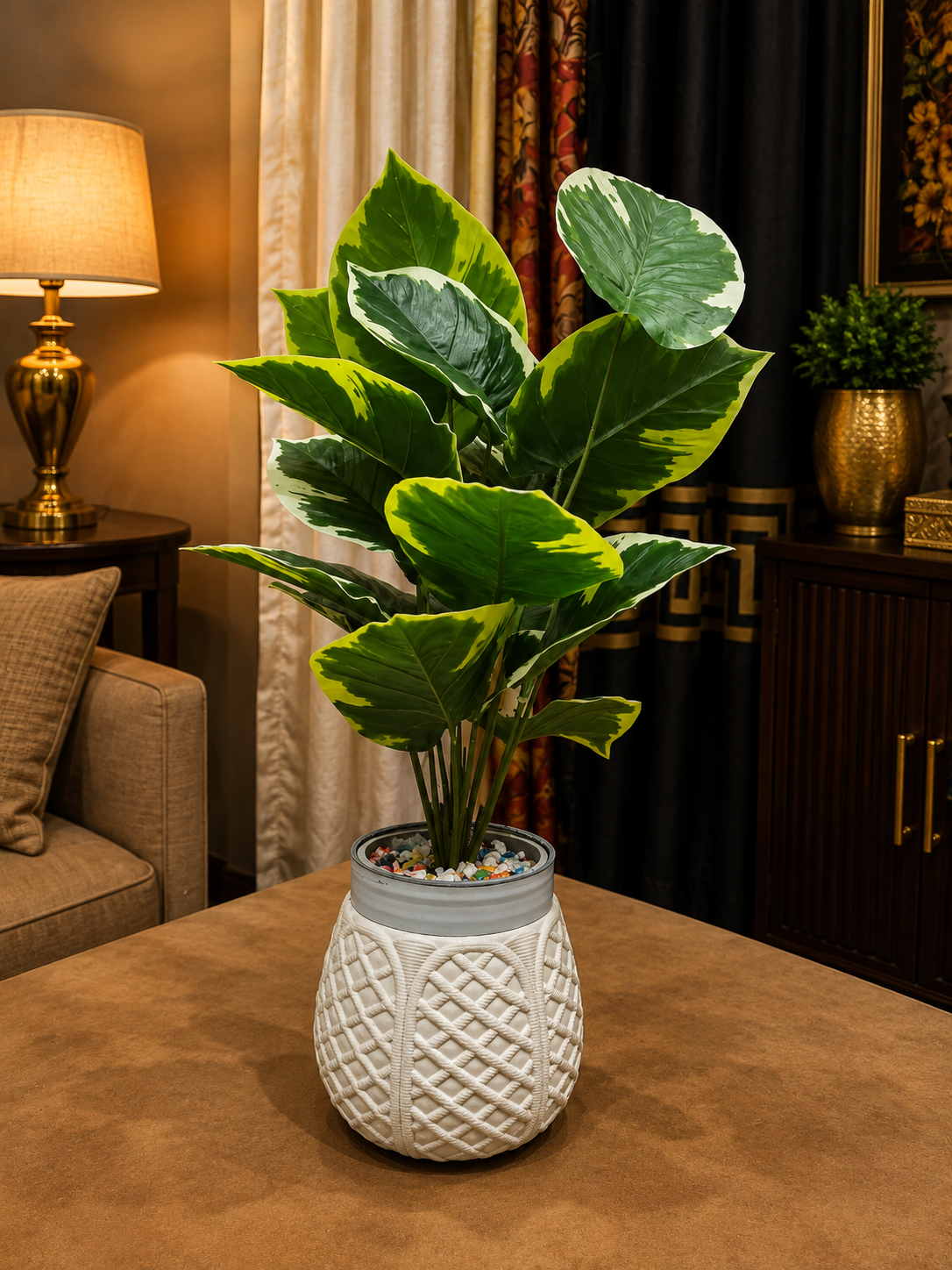 Artificial Variegated Green Plant with Decorative White Basket Vase CH00121