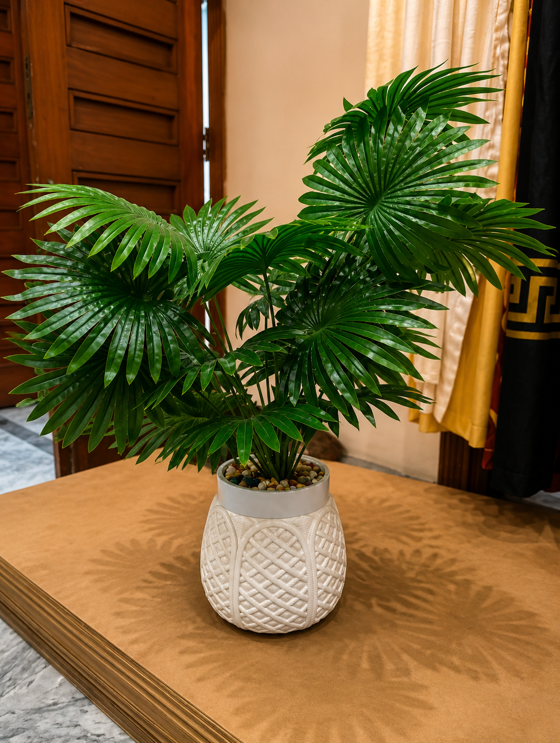 Artificial Fan Palm Plant with Decorative White Basket Pot CH00122