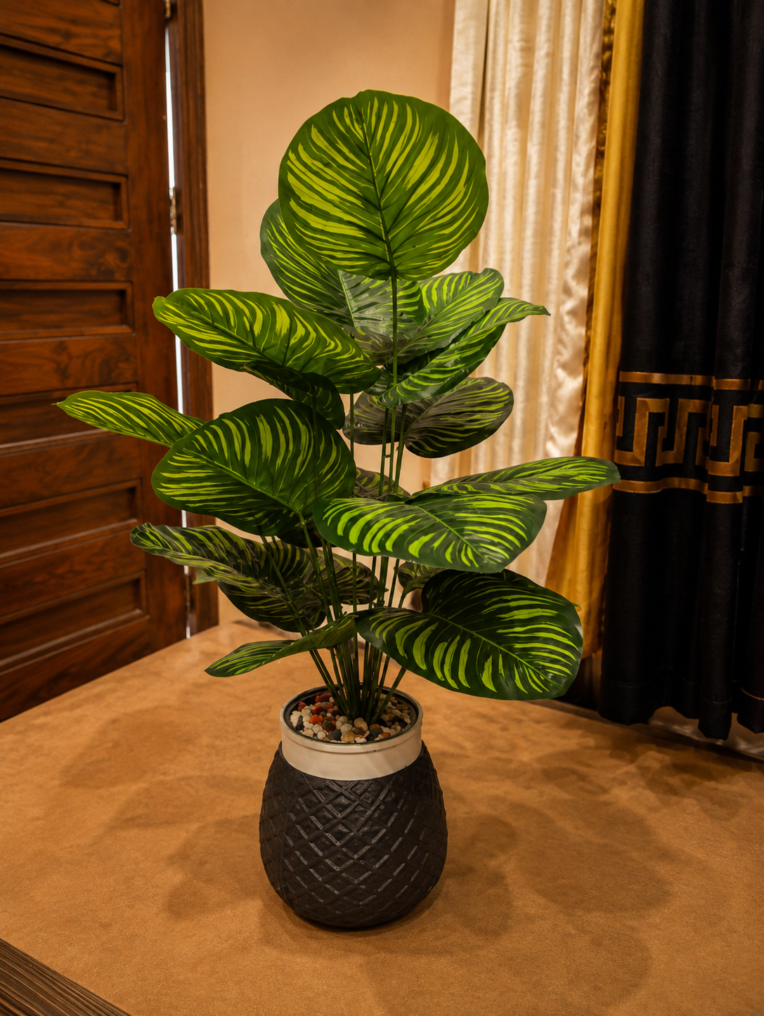 Artificial Variegated Calathea Plant with Decorative White Basket Pot CH00123