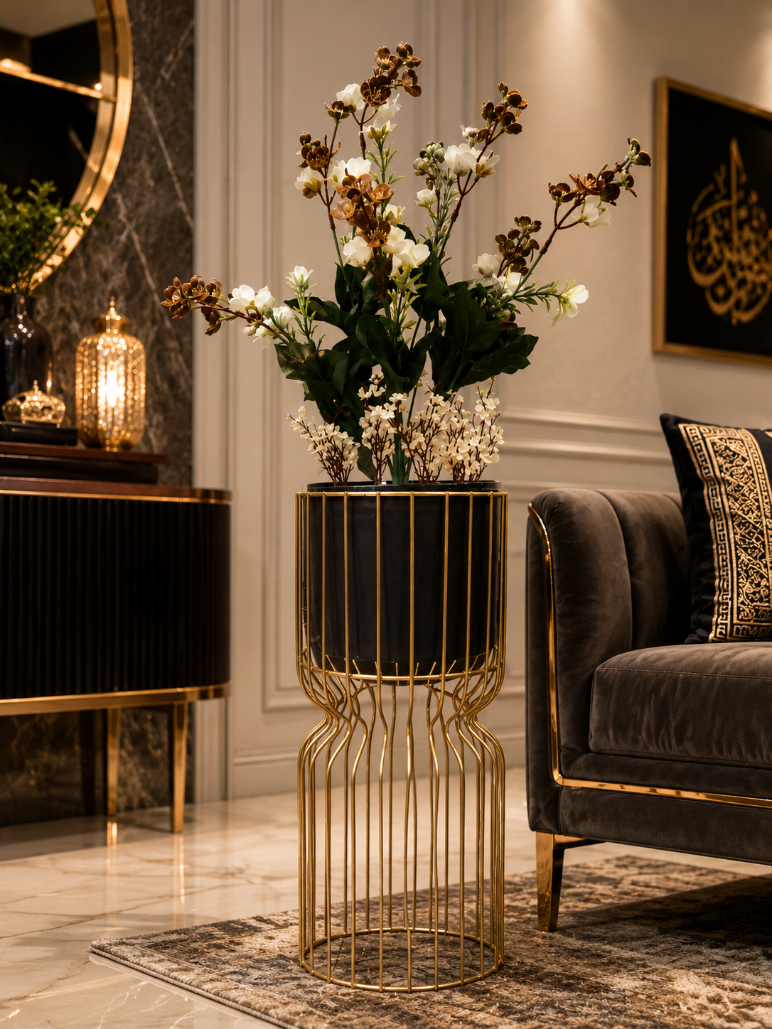 Artificial White Floral Arrangement with Premium Black & Gold Planter CH00127