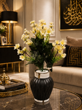 Artificial Cream Blossom Flower Arrangement with Luxury Black & Gold Vase CH00128