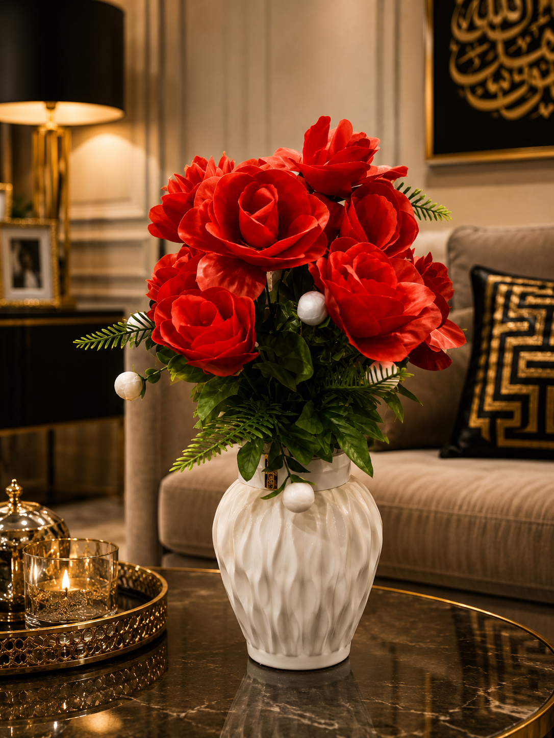 Artificial Red Rose Flower Arrangement with Luxury White Vase Ch00129