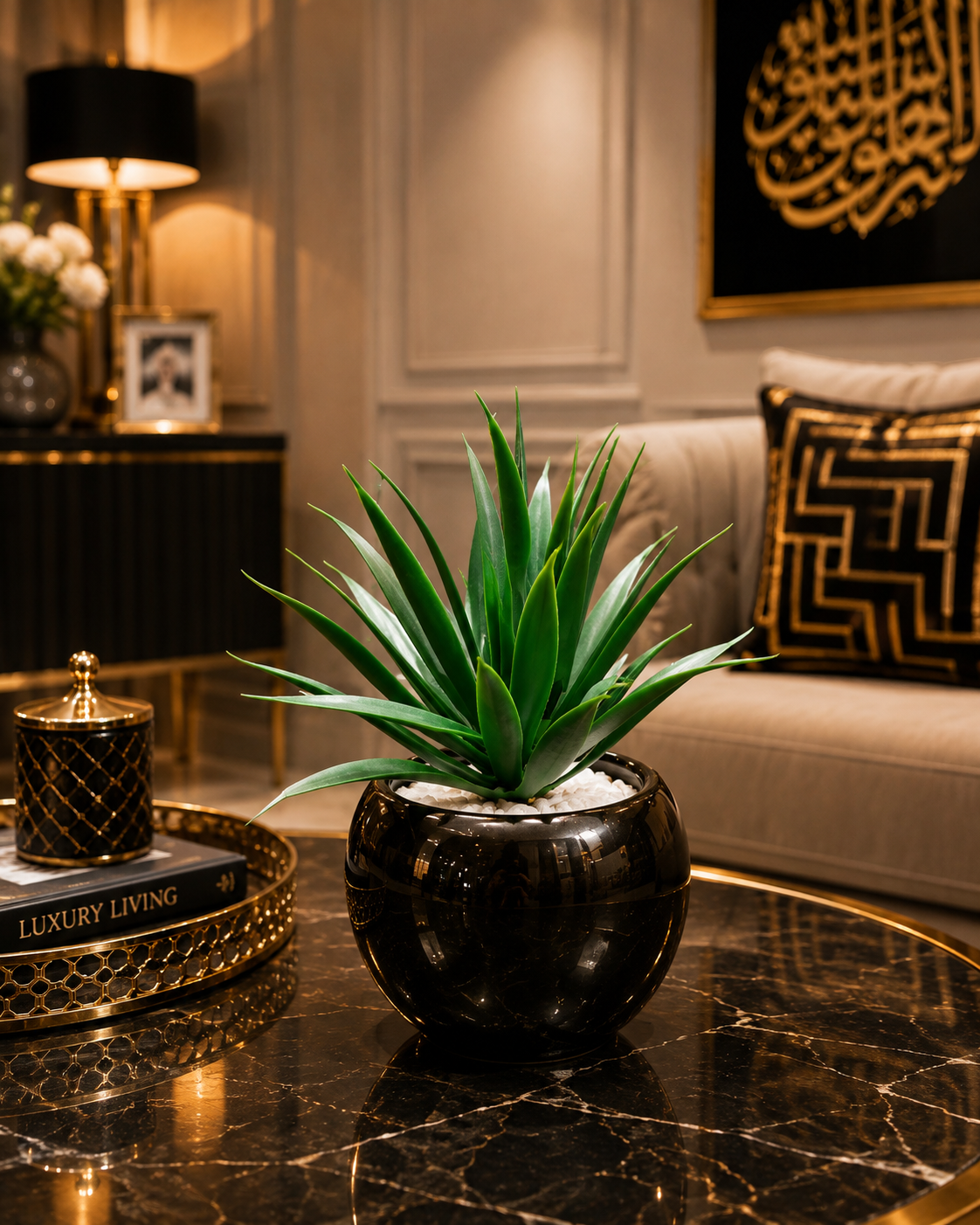 Green Artificial Plant with Black Round Pot | Luxury Indoor Tabletop Planter | Modern Home & Office Décor PL00205