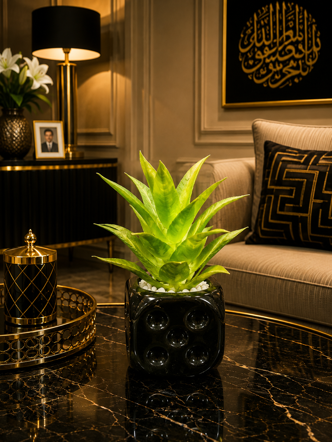 Modern Black Decorative Planter Pot with Artificial Plant | Luxury Indoor Tabletop Planter | Home & Office Décor PL00203