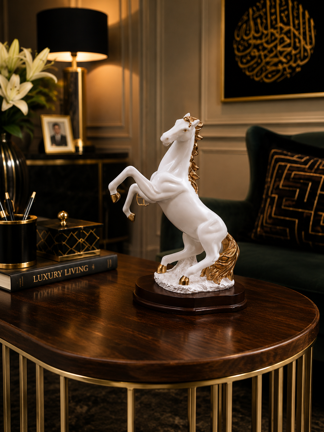 Luxury White & Gold Horse Statue | Elegant Reared Horse Decorative Figurine