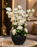 White Artificial Flower Arrangement in Black Planter | Luxury Indoor Floral Décor | Modern Home & Office Decoration PL00207