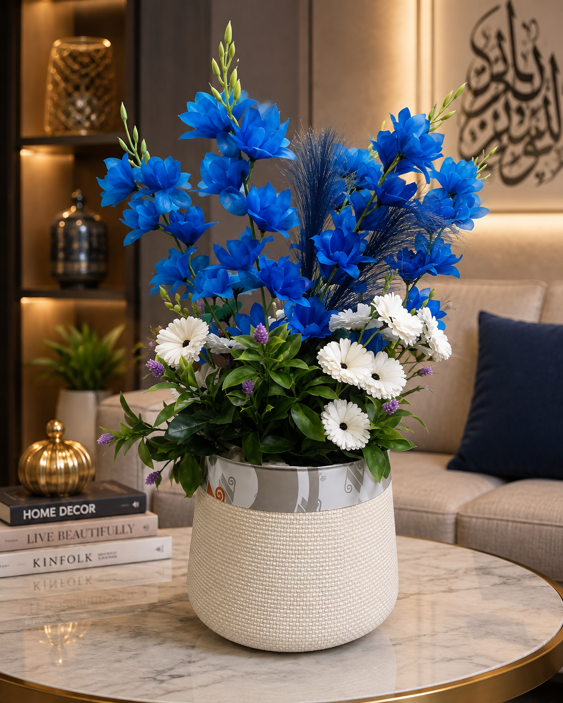 Blue Artificial Flower Arrangement in White Decorative Planter | Luxury Indoor Floral Décor | Modern Home & Office Decoration PL00208