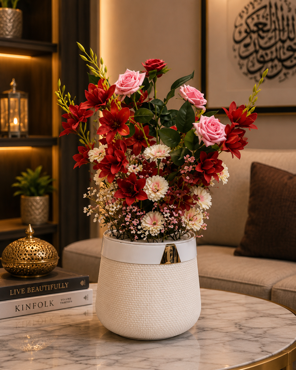 Red & Pink Artificial Flower Arrangement in White Planter | Luxury Floral Décor | Modern Indoor Flower Pot for Home & Office PL00210