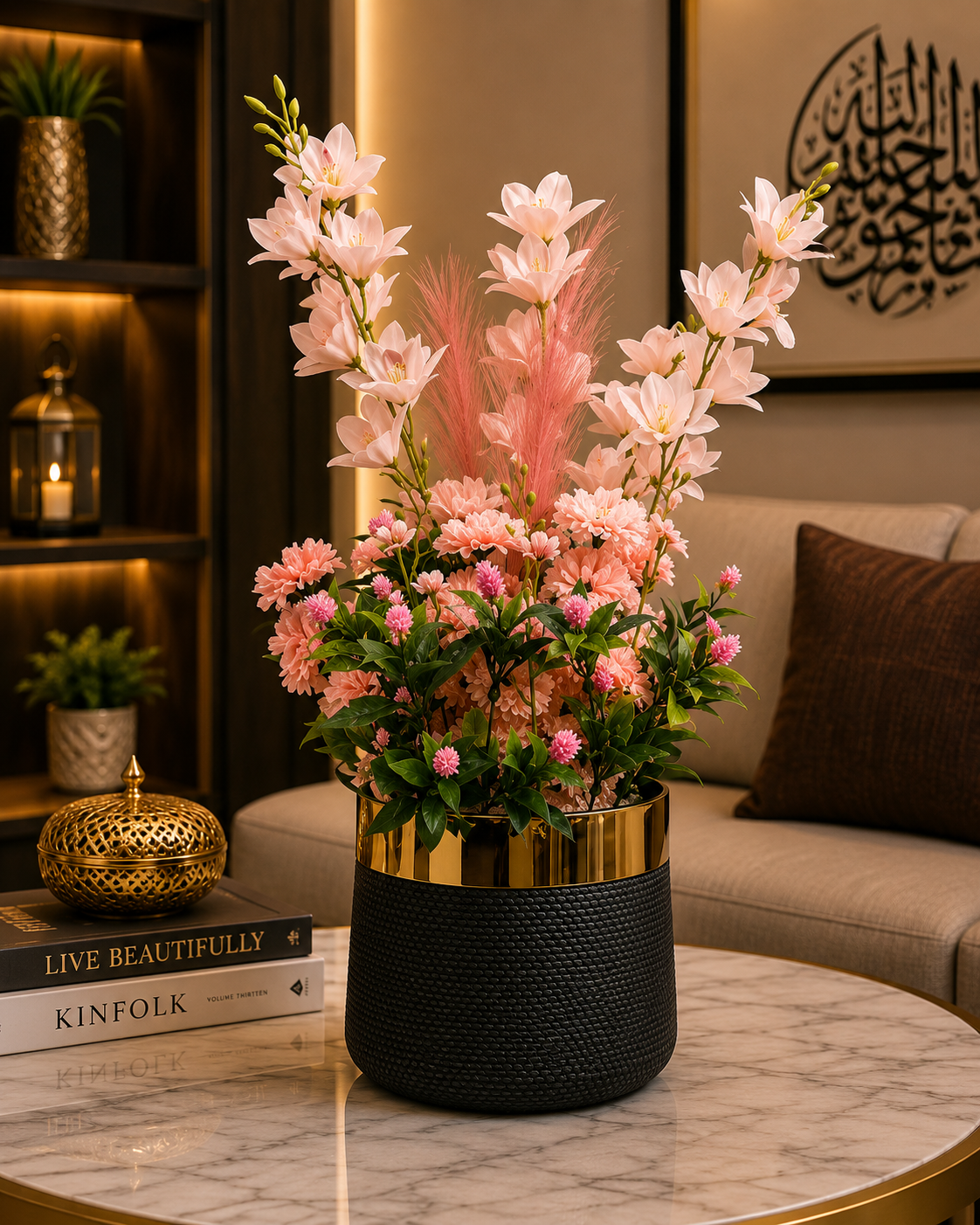 Pink Artificial Flower Arrangement in Black & Gold Planter | Luxury Indoor Floral Décor | Modern Home & Office Decoration PL00211