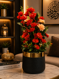 Red Artificial Flower Arrangement in Black & Gold Planter | Luxury Indoor Floral Décor | Modern Home & Office Decoration PL00212