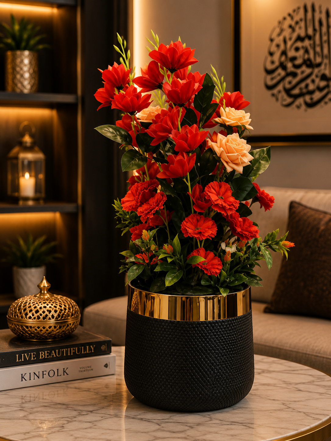 Red Artificial Flower Arrangement in Black & Gold Planter | Luxury Indoor Floral Décor | Modern Home & Office Decoration PL00212