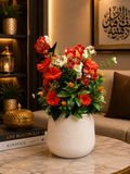 Red & White Artificial Flower Arrangement in White Planter | Luxury Floral Home Décor | Modern Indoor Flower Pot for Home & Office PL00214