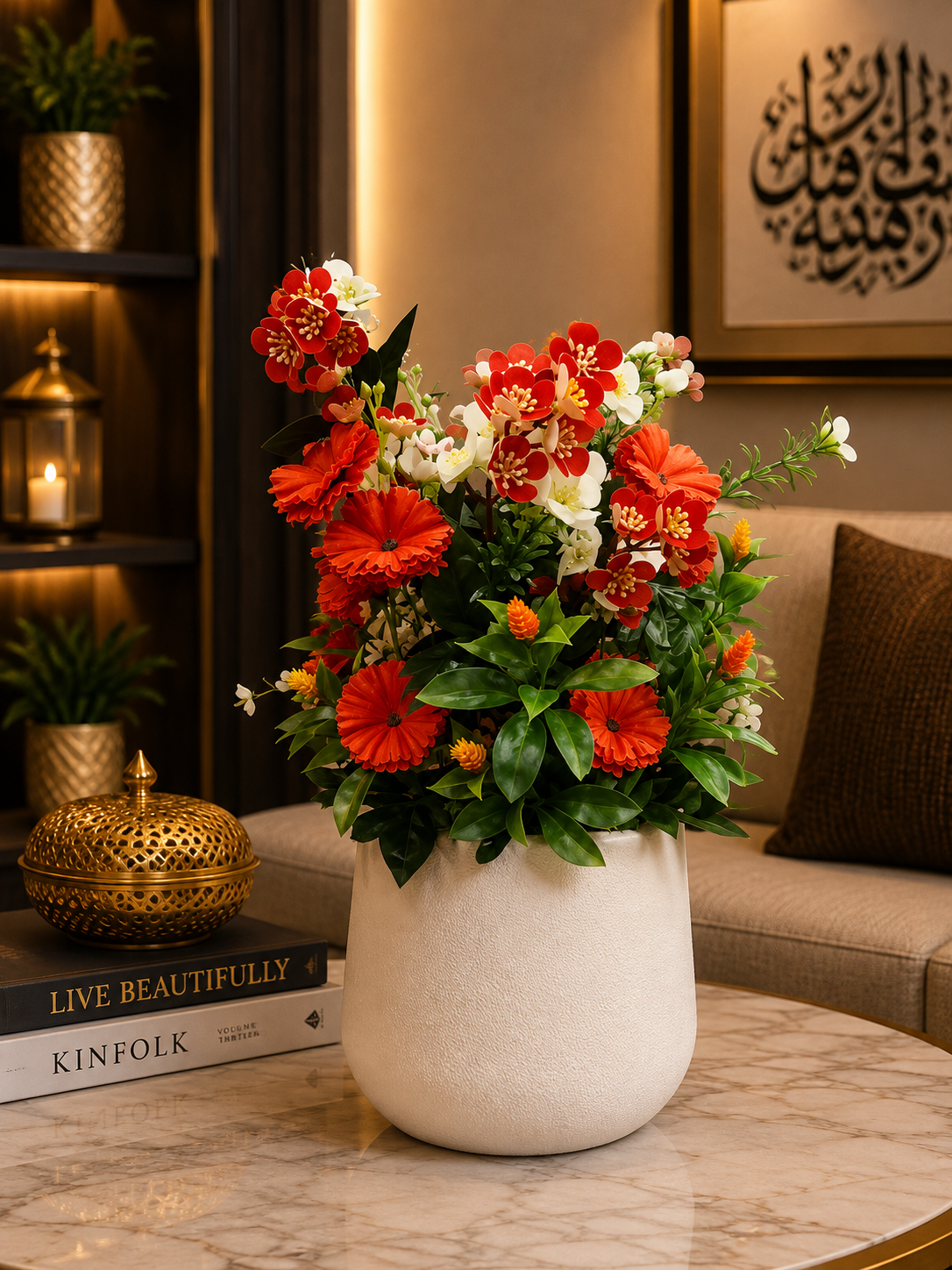 Red & White Artificial Flower Arrangement in White Planter | Luxury Floral Home Décor | Modern Indoor Flower Pot for Home & Office PL00214
