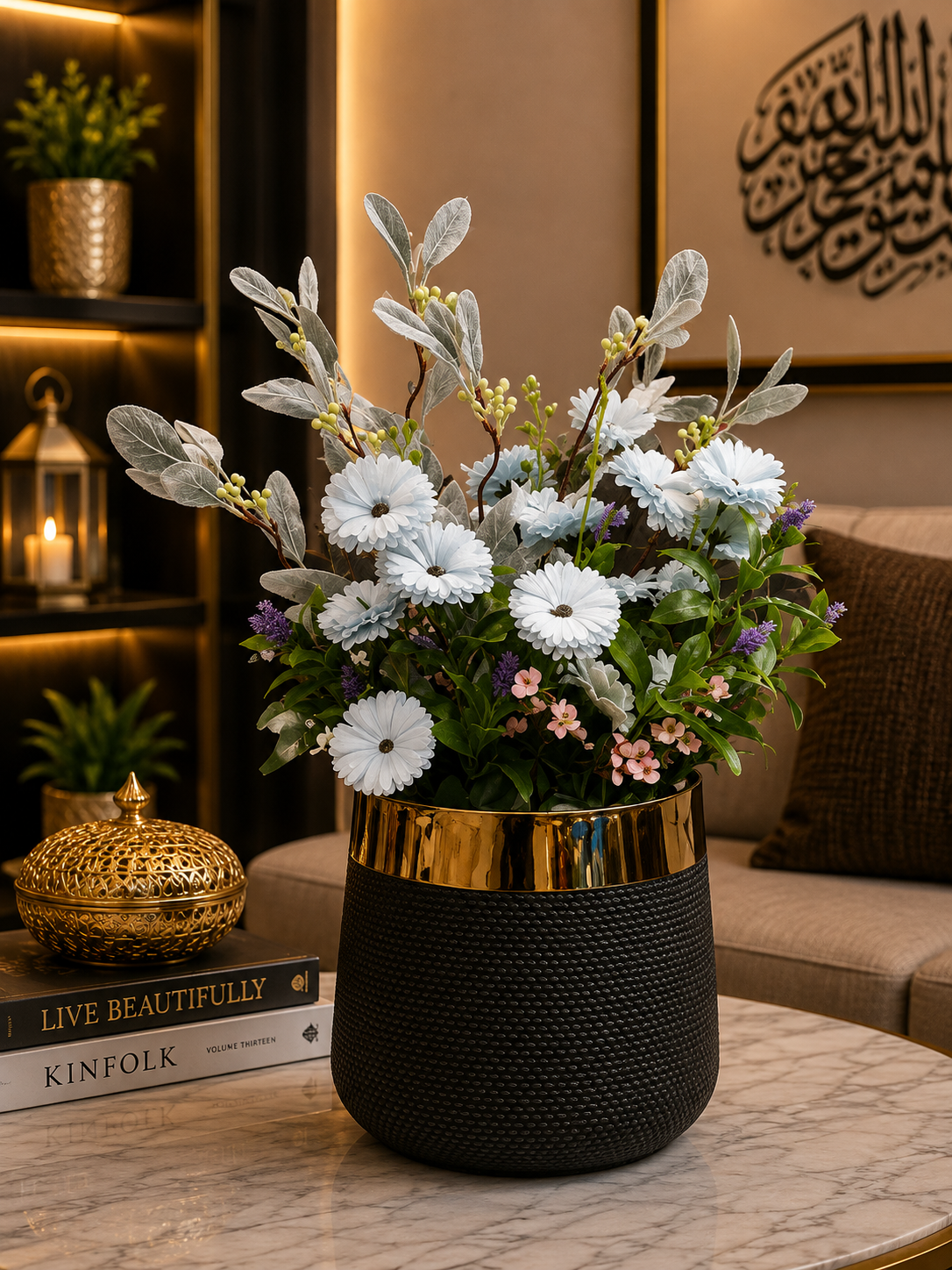 White Artificial Flower Arrangement in Black & Gold Planter | Luxury Indoor Floral Décor | Modern Home & Office Decoration PL00215