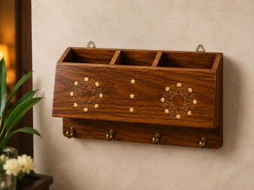 Wooden Wall Organizer with 4 Hooks & Storage Compartments | Decorative Key Holder Rack