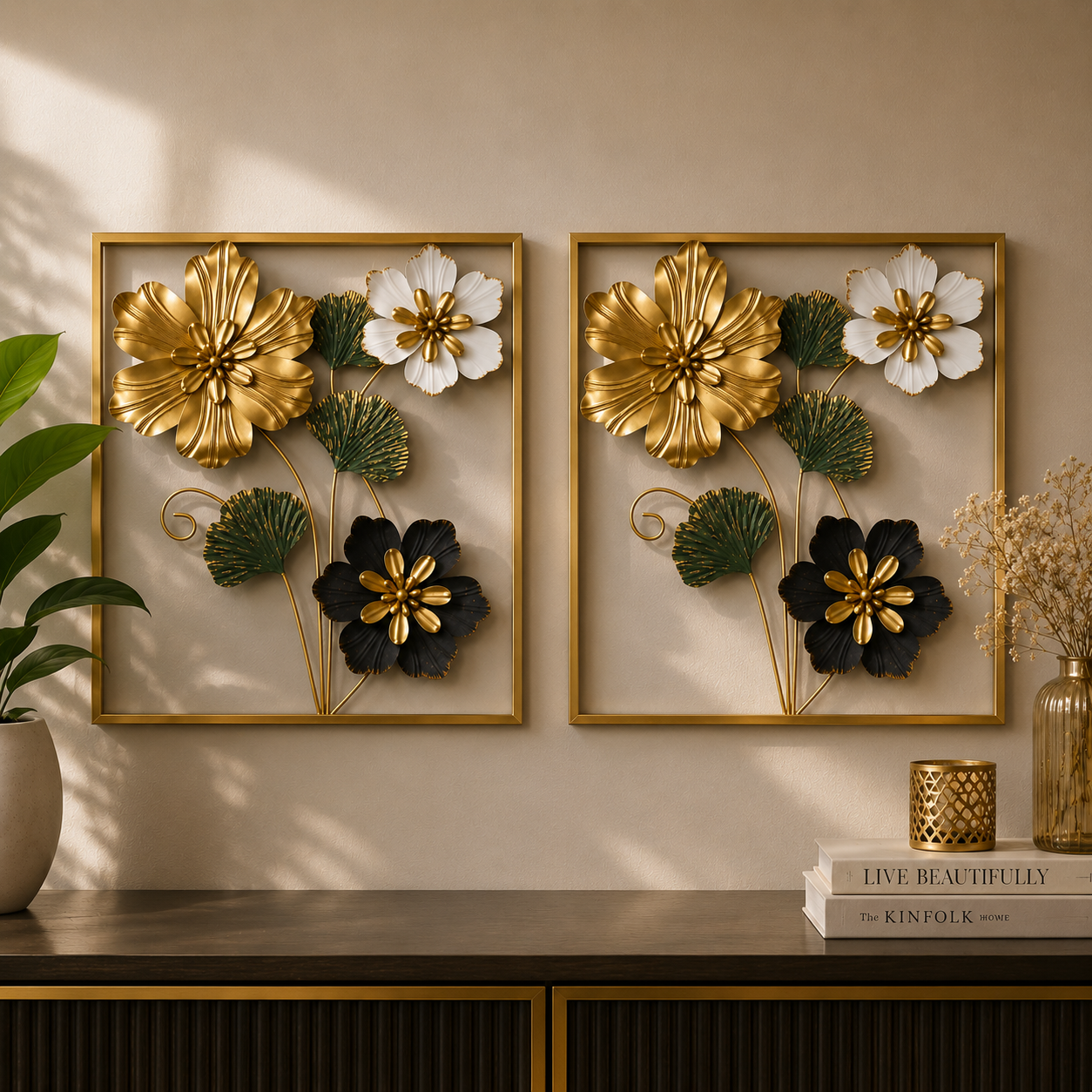 Luxury Metal Floral Wall Art Frame – Modern 3D Gold Flower Wall Décor