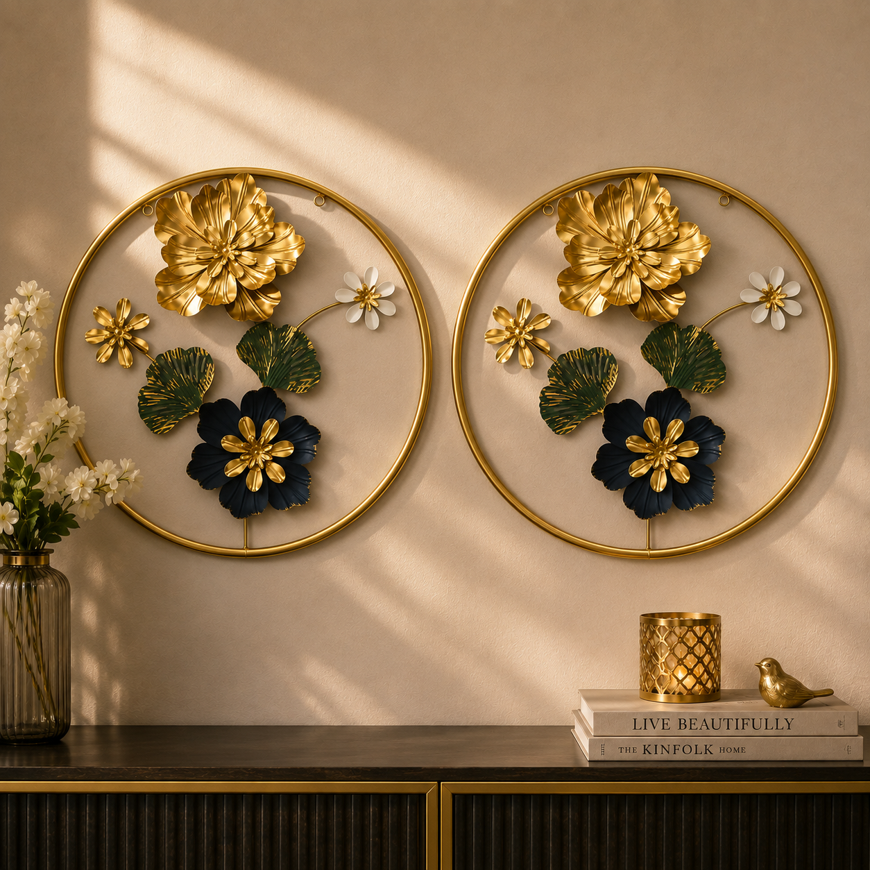 Luxury Metal Floral Wall Art Frame – Modern 3D Gold Flower Wall Décor