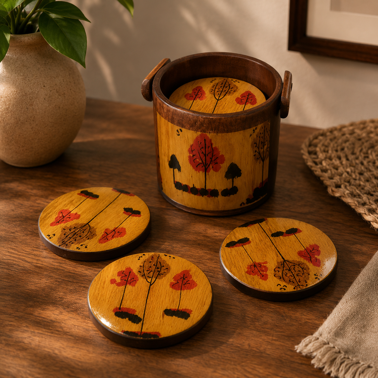 Handcrafted Wooden Coaster Set with Rotating Holder