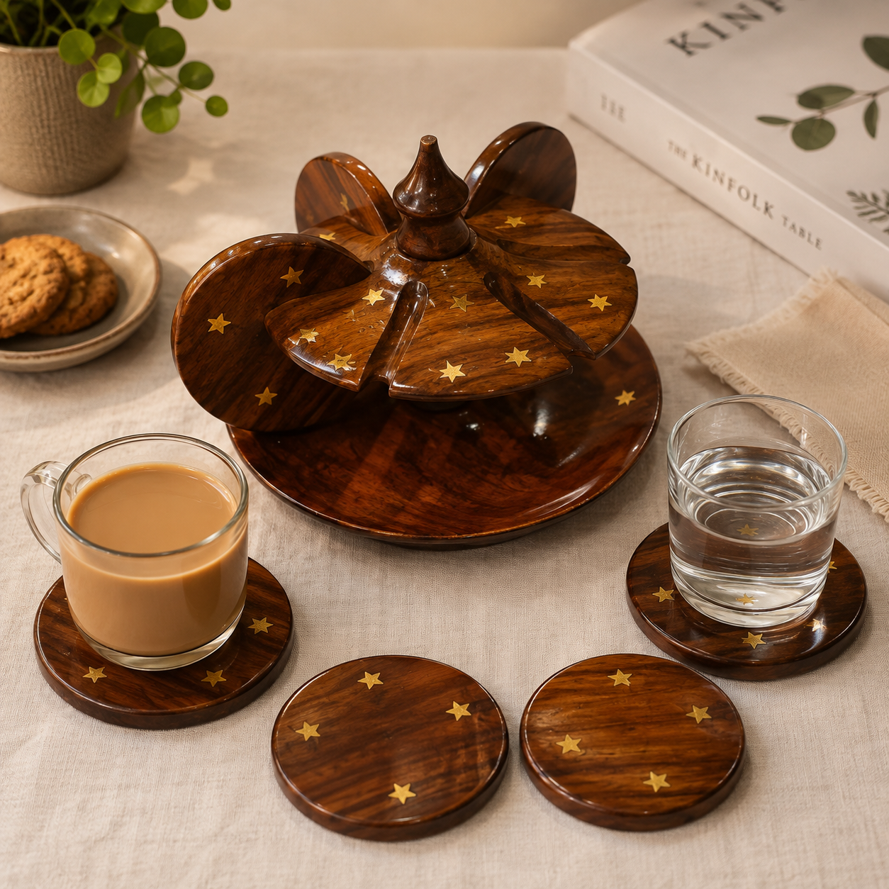Handcrafted Wooden Coaster Set with Rotating Holder