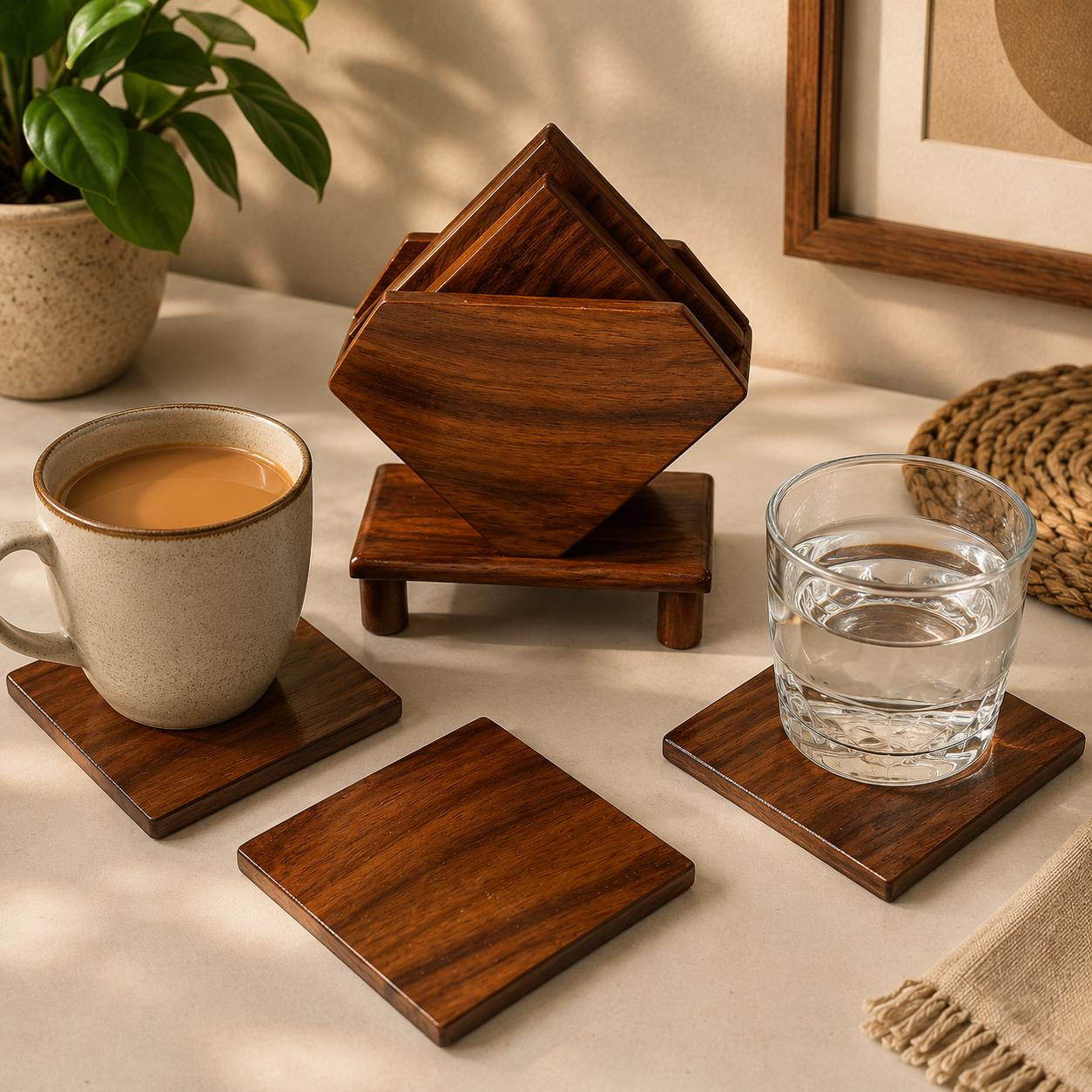Handcrafted Wooden Coaster Set with Rotating Holder