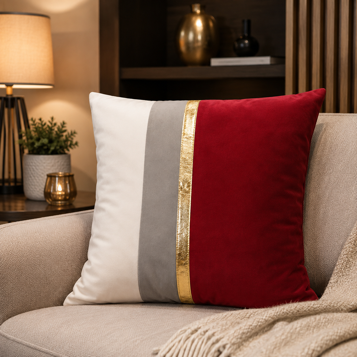 Ruby Red & Gold Stripe Premium Velvet Cushion – (CB 03)