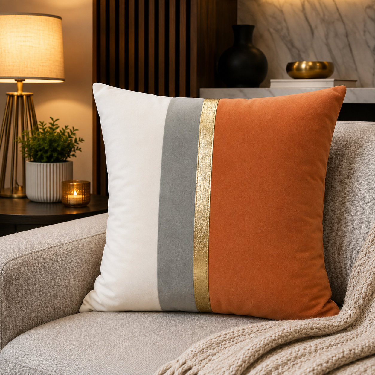 Burnt Orange & Gold Stripe Premium Velvet Cushion – (CB 06)