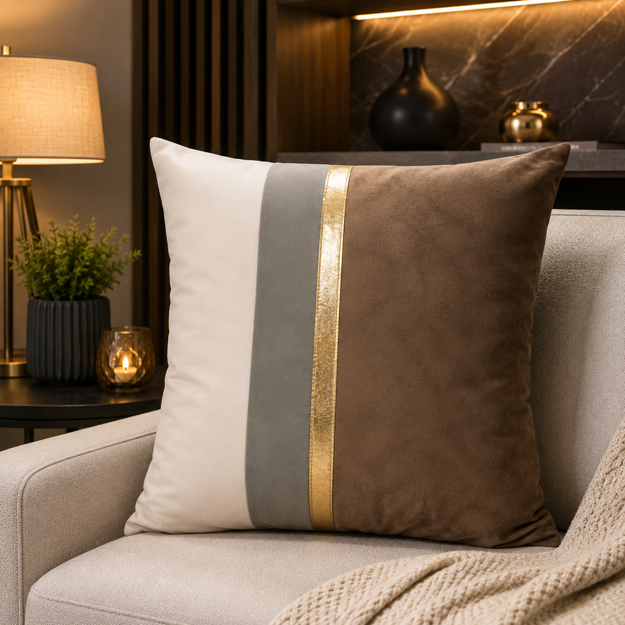 Mocha Brown & Gold Stripe Premium Velvet Cushion – (CB 07)