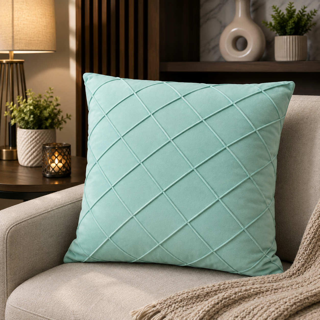 Mint Green Diamond Pattern Premium Velvet Cushion – (CB 09)