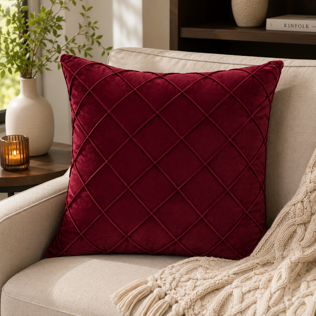 Burgundy Diamond Pattern Premium Velvet Cushion – (CB 11)