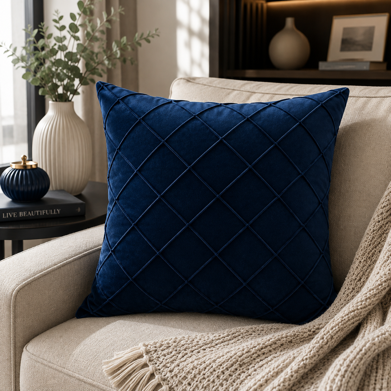 Navy Blue Diamond Pattern Premium Velvet Cushion – (CB 12)