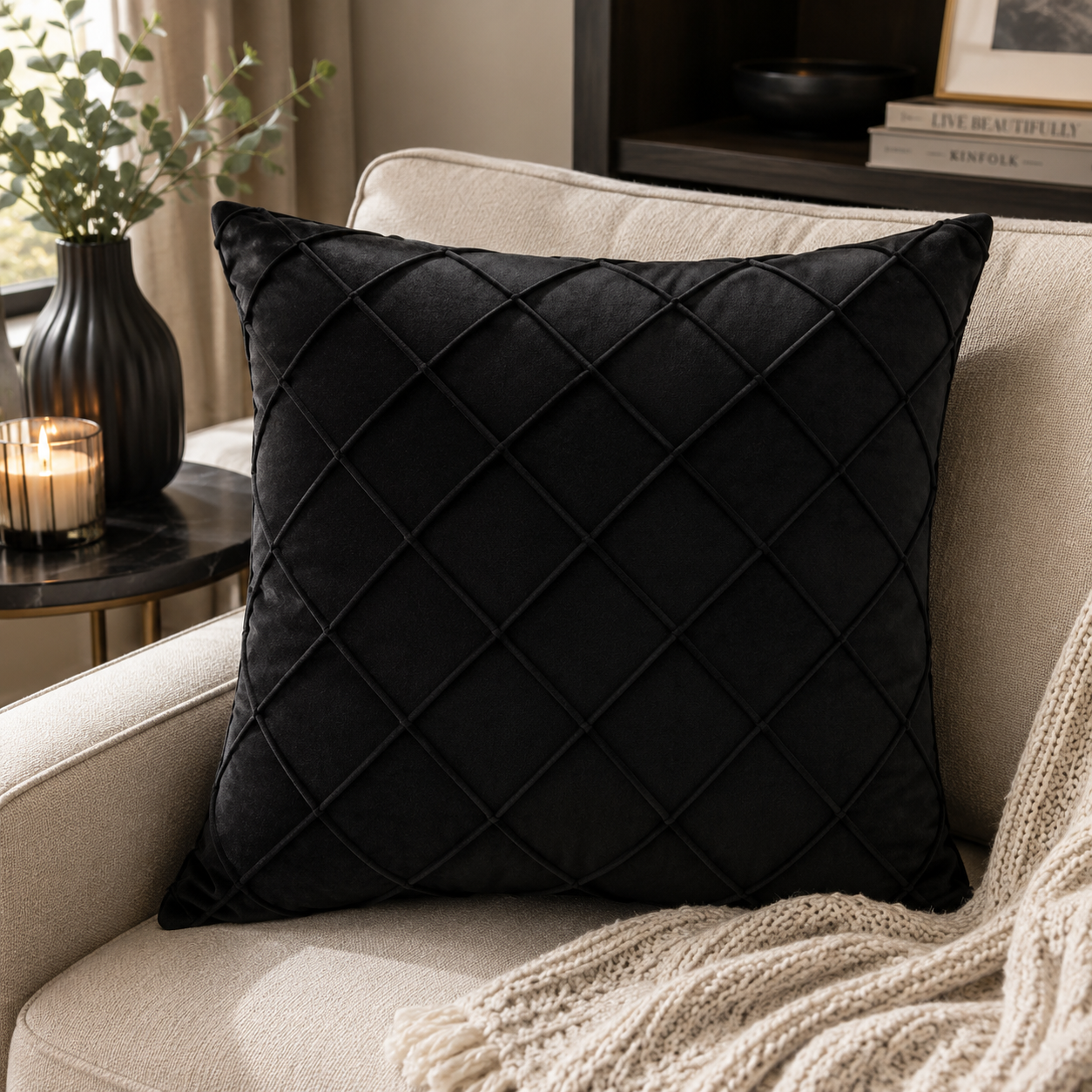 Black Diamond Pattern Premium Velvet Cushion – (CB 13)
