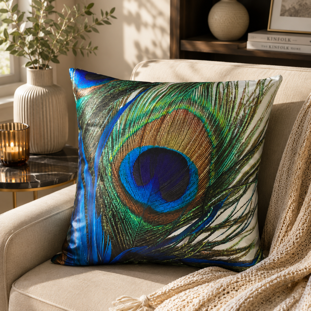 Peacock Feather Digital Printed Silk Sateen Cushion – (PC 03)