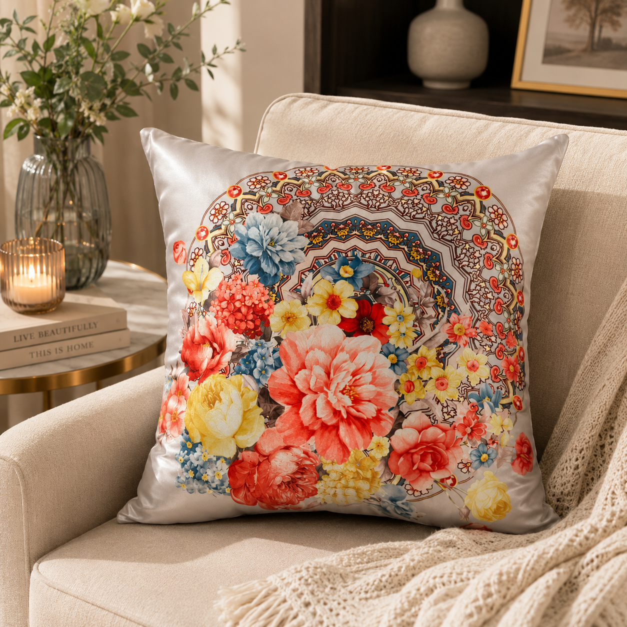 Floral Mandala Digital Printed Silk Sateen Cushion – (PC 04)